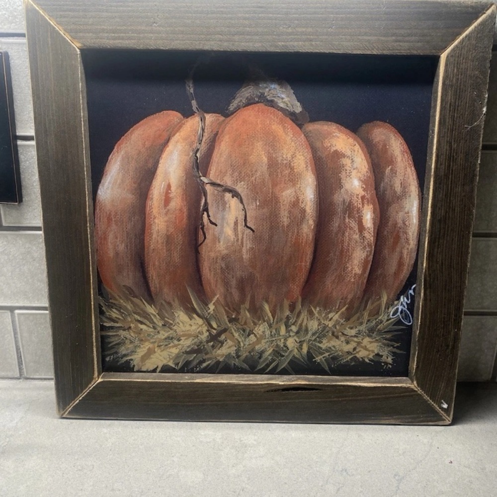 Primitive Autumn Harvest  Pumpkin Framed Picture Jan Michael’s 13 X 13